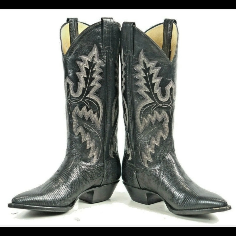 Vintage Panhandle Slim Black Lizard Snip Toe Cowboy Boots 10-Row Stitch Women' 6